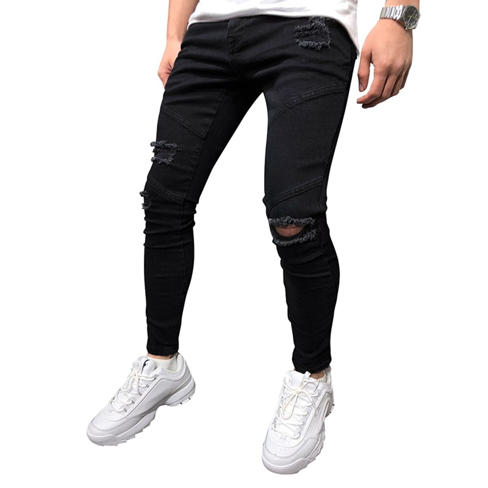 Jeans Men Men's Black Door-front Button Zipper Ripped Slimming Hip Hop Denim Jeans for Men