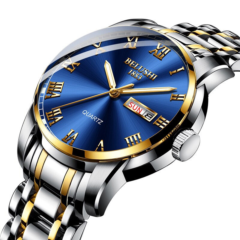 Belushi Mannen Business Horloge Roestvrij Staal Quartz Horloges Chronograaf Aanalogue Klok Waterdichte Lichtgevende Relogio Feminino: Golden Blue