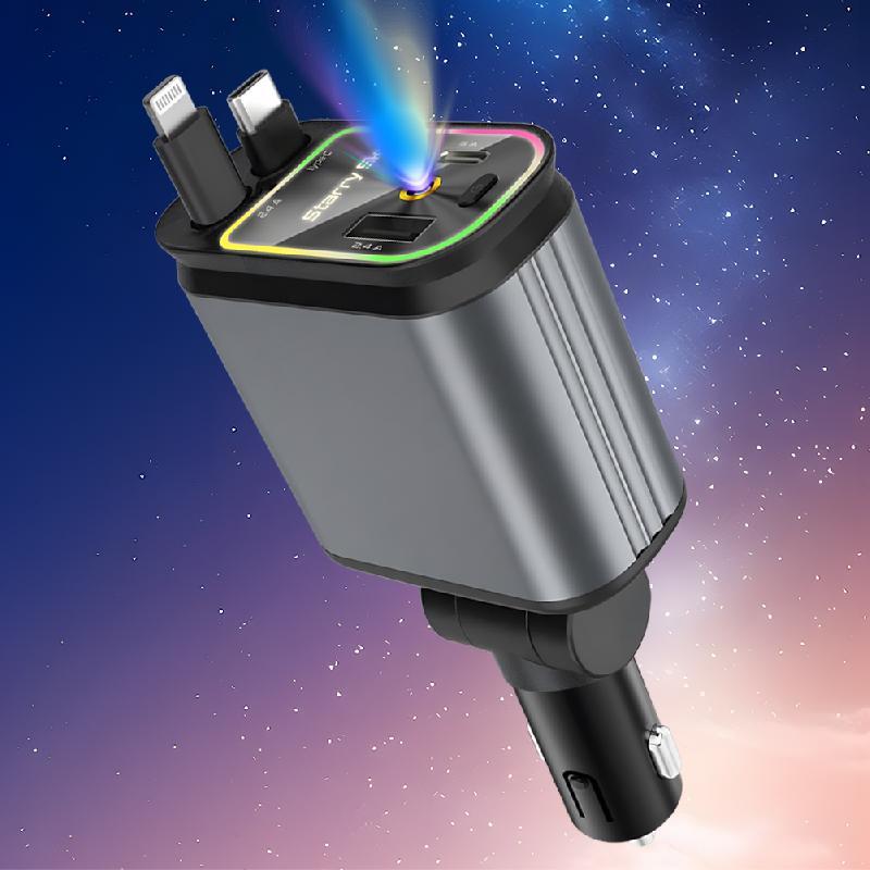 Cargador de coche retráctil 4 en 1: cargador USB C para coche de 120W, adaptador de carga rápida y puerto de carga dual, cargador de teléfono para coche