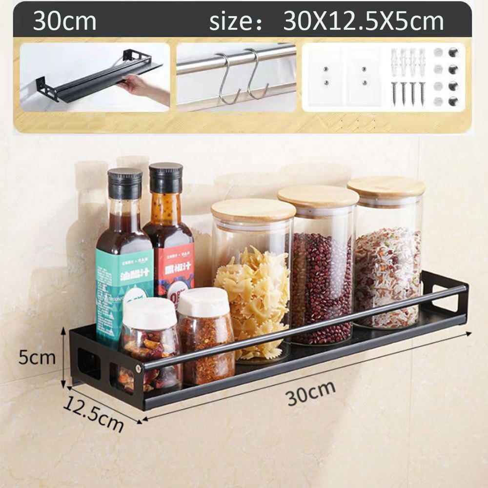 Kitchen Organizer Wall Mount Bracket Wall Storage Rack Spice Jar Rack Cabinet Shelf Kitchen Gadget Supplies Bathroom Rack: Black30cm