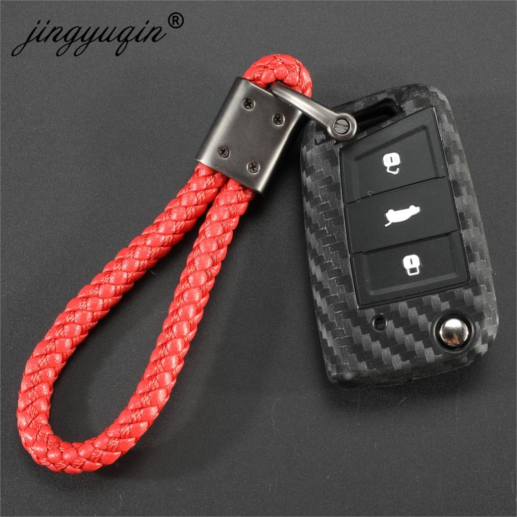 Carbon Silicone Key Case Cover For VW Polo Golf 7 Tiguan Skoda Octavia Karoq SEAT Ateca Leon Ibiza KeyChain Key Ring