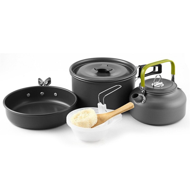 Vilead draagbare kampeerset met pot, pan en waterkoker van aluminiumlegering, servies voor buiten, kookgerei, 3 stuks/set, theepot, kookgereedschap voor picknick en barbecue.: Zwarte accessoires