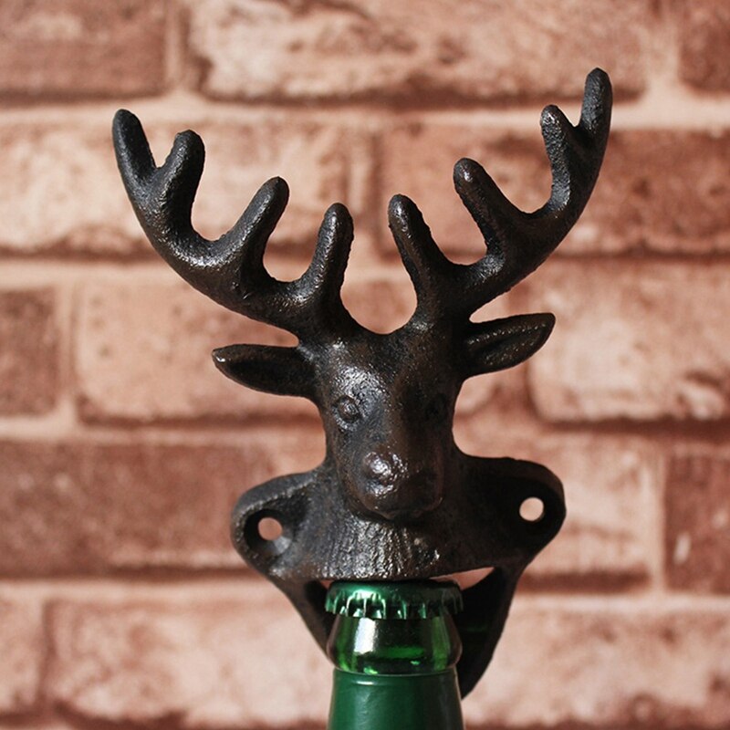 Reindeer Head Cast Iron Beer Bottle Opener Antique Black Animal Figurines Head Wall Mounted Metal Bottle Opener
