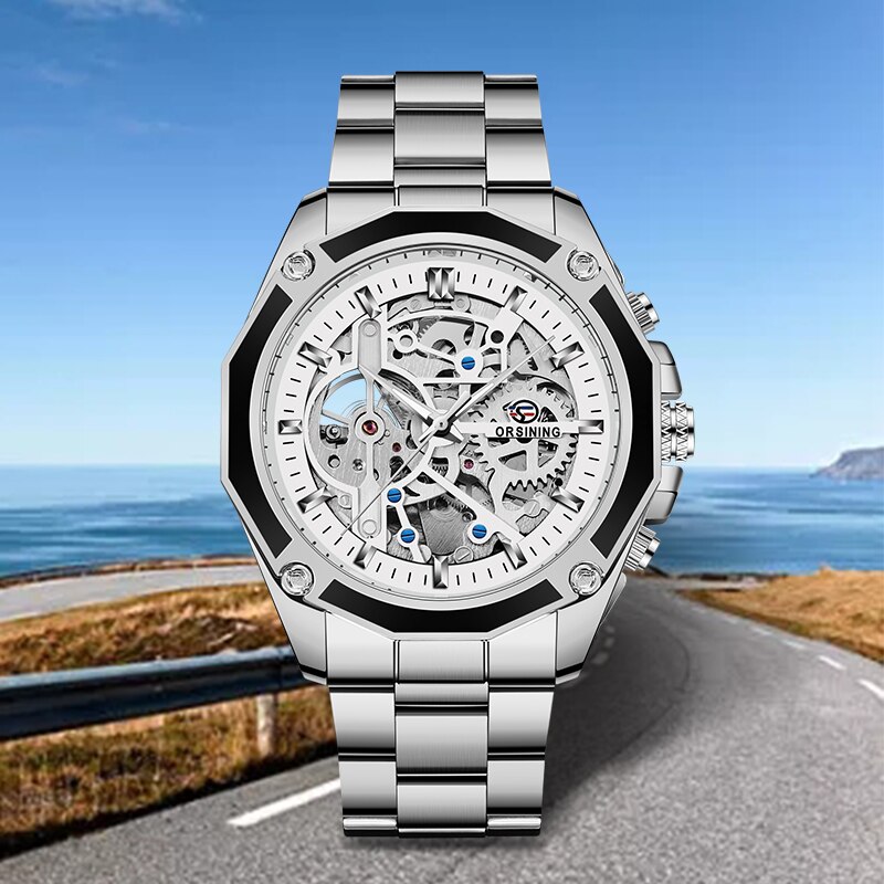 Forsining Rvs Waterdicht Heren Skeleton Horloges Top Luxe Transparante Mechanische Sport Mannelijke Horloges