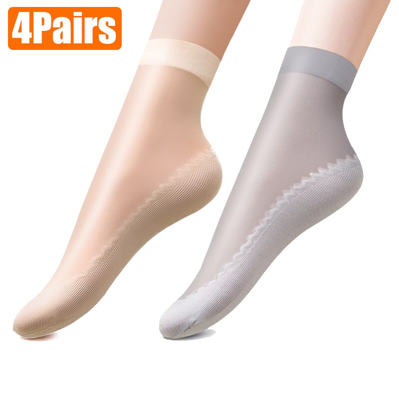 4Pairs Lente Zomer Fluwelen Zijde Vrouwen Sok Katoen Onderkant Avondmaal Zachte Klassieke Ultradunne Comfortabele Transparant Casual Sokken: 4Skin and 4Grey