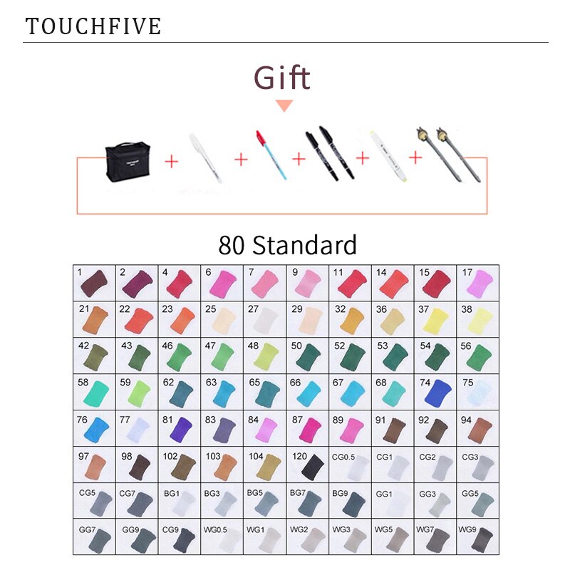 TouchFIVE 60/80/168 Farben Marker Set Manga Zeichnung Marker Pen Alkohol Basierend Skizze Filz-Spitze Fettige Twin Pinsel Stift Kunst liefert: 80 STANDARD