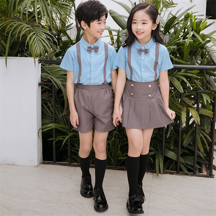 Boys Girls School Uniforms Kids Class Clothing Set Summer British Style Strap Bow Chorus Costumes Children 100-180cm Team Wear