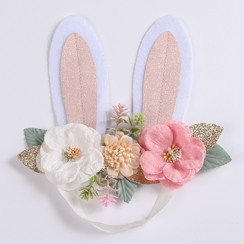 Diadema de orejas de conejo para niña y bebé, diademas de flores para niña, accesorios para el cabello de princesa, bandas elásticas hechas a mano para fotografía