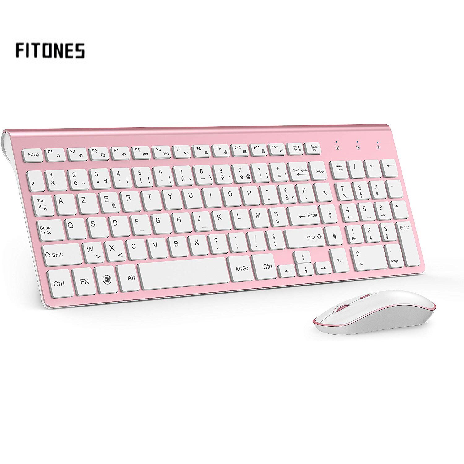 Wireless Keyboard Mouse,French full-size “AZERTY”French layout，Compatible with iMac Mac PC Laptop Tablet Computer .Pink