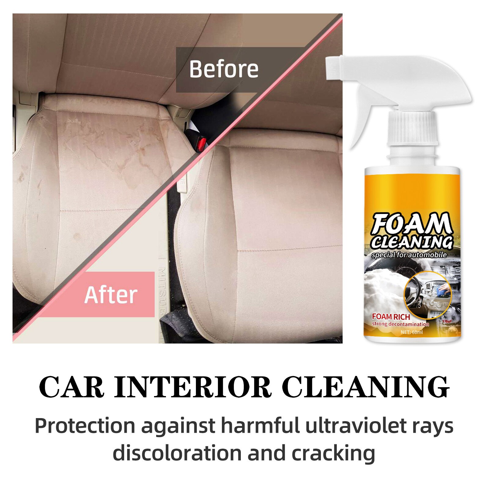 Multipurpose Foam Cleaner for Car Seat Steering Wheel Rinse-Free Car Interior Cleaner Easy to Use Leather Cleaner Car Cleaning