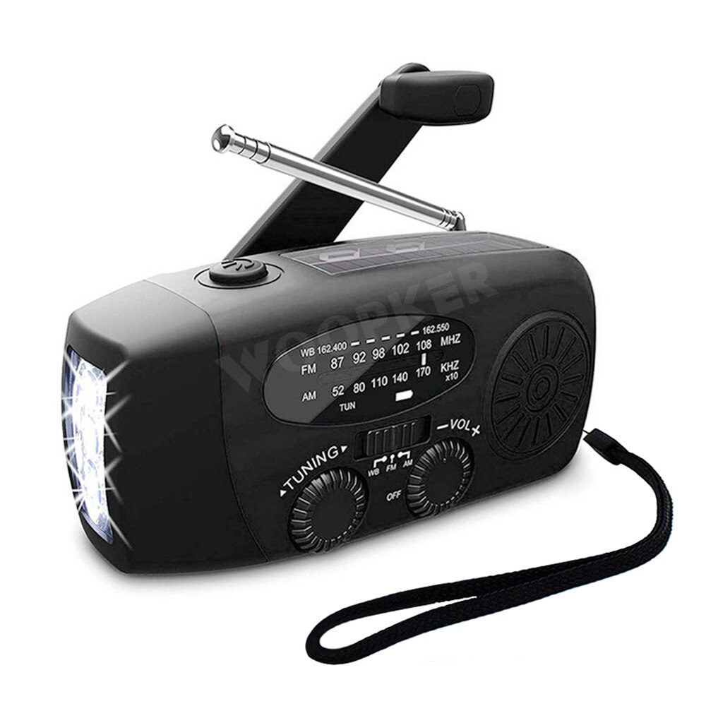 Mini Zonne-energie Radio Am/Fm/Noaa Weer Dynamo Led Zaklamp Waterdichte Outdoor Gebruik Multifunctionele Hand Radio Zonne crank: Black