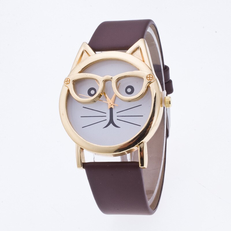 Hello kitty tegneserie sød kat bære briller børn se børn leopard ur fødselsdag studerende dreng pige farverigt ur: Brun