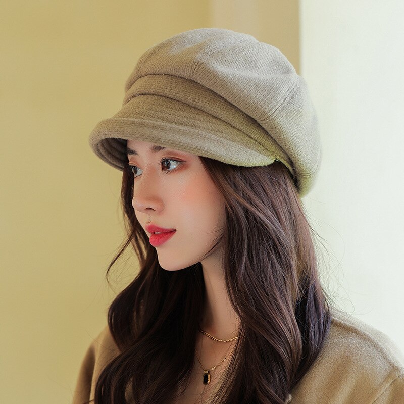 Octagonal Hat for Women Cotton Polyester Material Solid Color Retro Curled Short Brim Dome Simple and Beret Women's Hat: Khaki