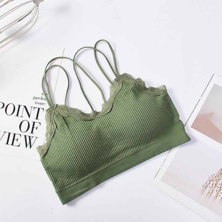 Japanese-style Cross Camisole Beauty Back Tube Top Women's Non-Steel Ring Lace Wrap-around Underwear Bra: Green