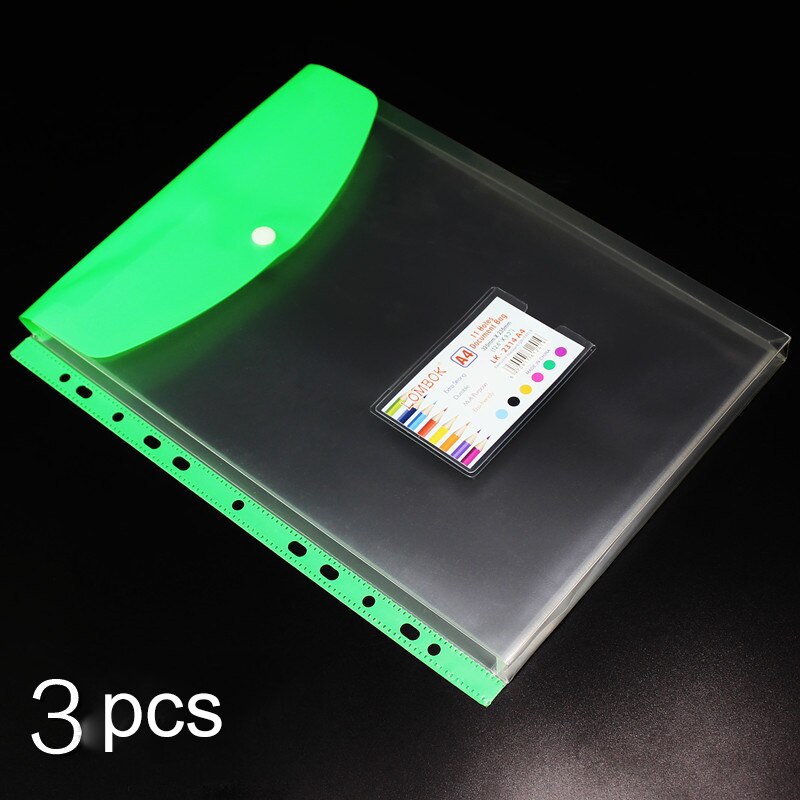 Bolsa de documentos transparente A4 de 3 piezas, carpetas de archivos de hojas sueltas de 11 agujeros, bolsa de información gruesa de película protectora a presión de gran capacidad: A green