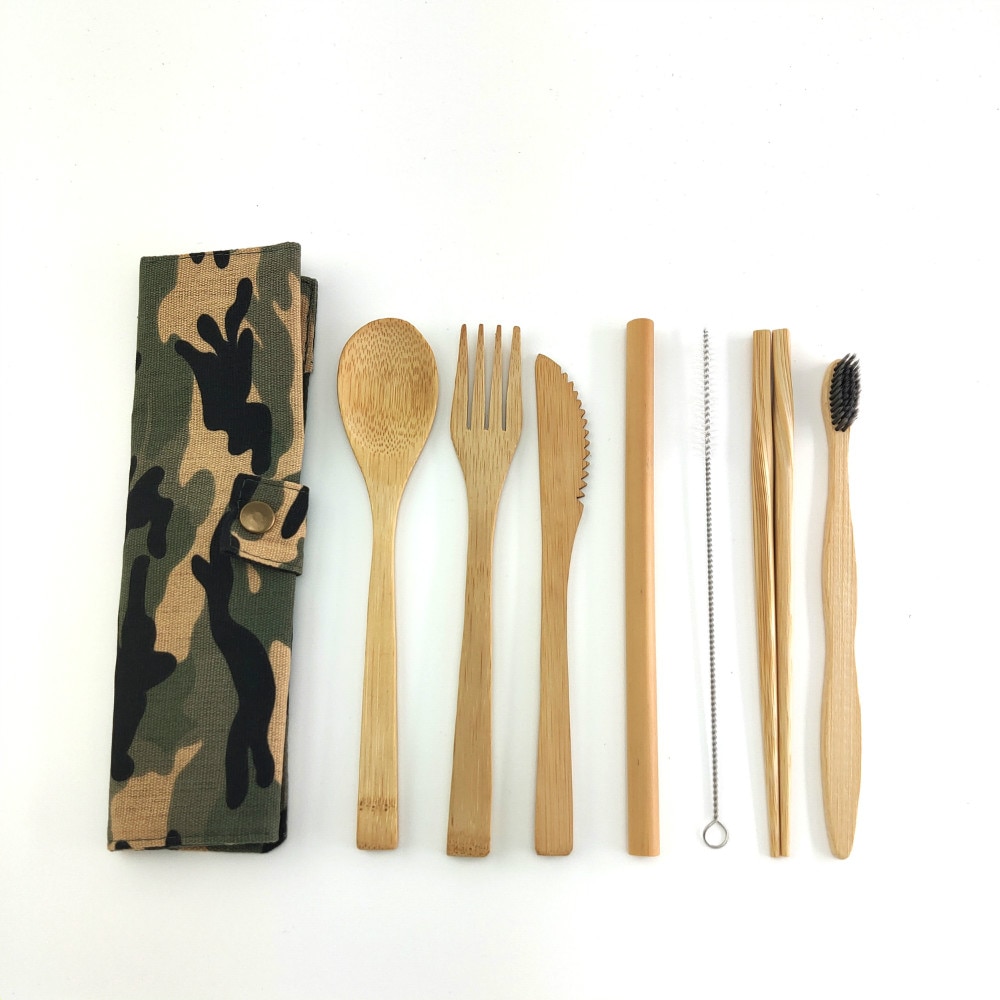Eco Friendly Bamboo Cutlery Set of Wooden Utensils with Reusable Bamboo Spoon, Fork, Knife,and Reusable Straw Cleaner For Travel
