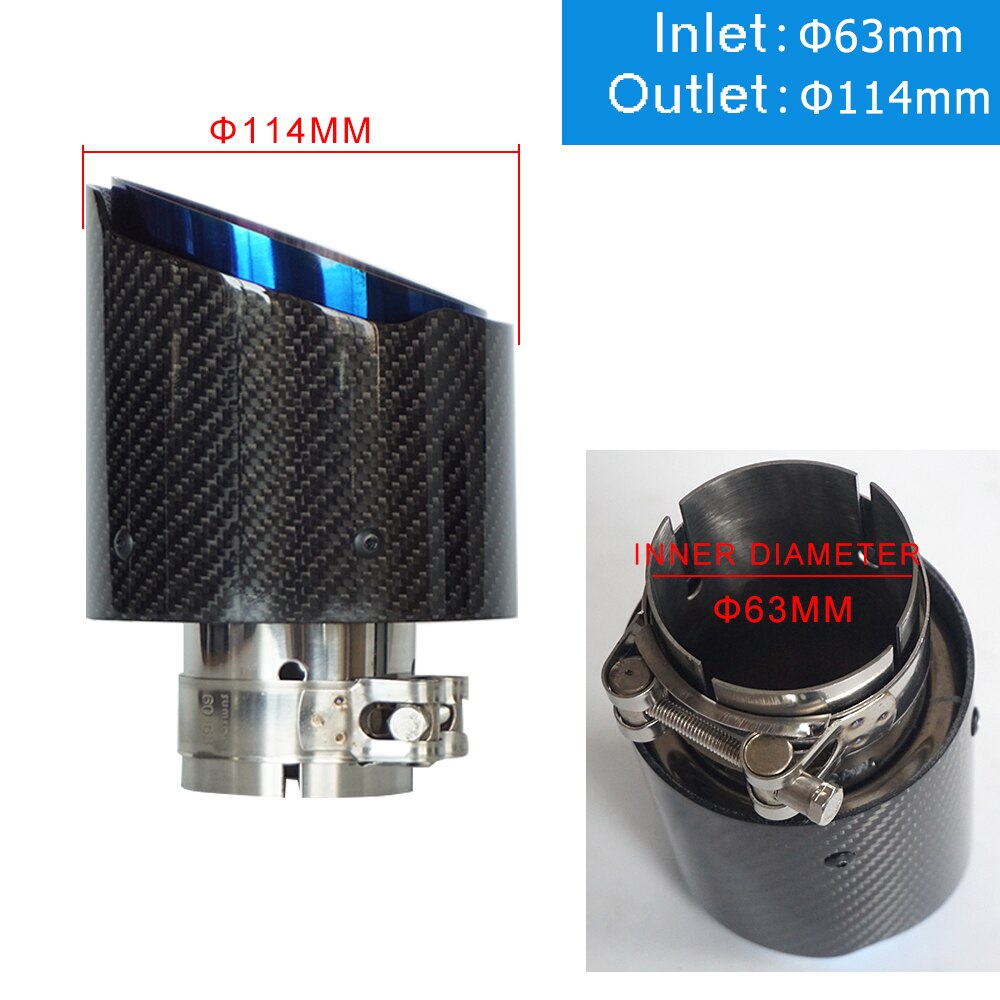 Carbon Fiber Tail Throat Blue Burned Straight Edge Single Carbon Fiber Car Exhaust Pipe Muffler End Tip Tailpipe: In63-Out 114 mm