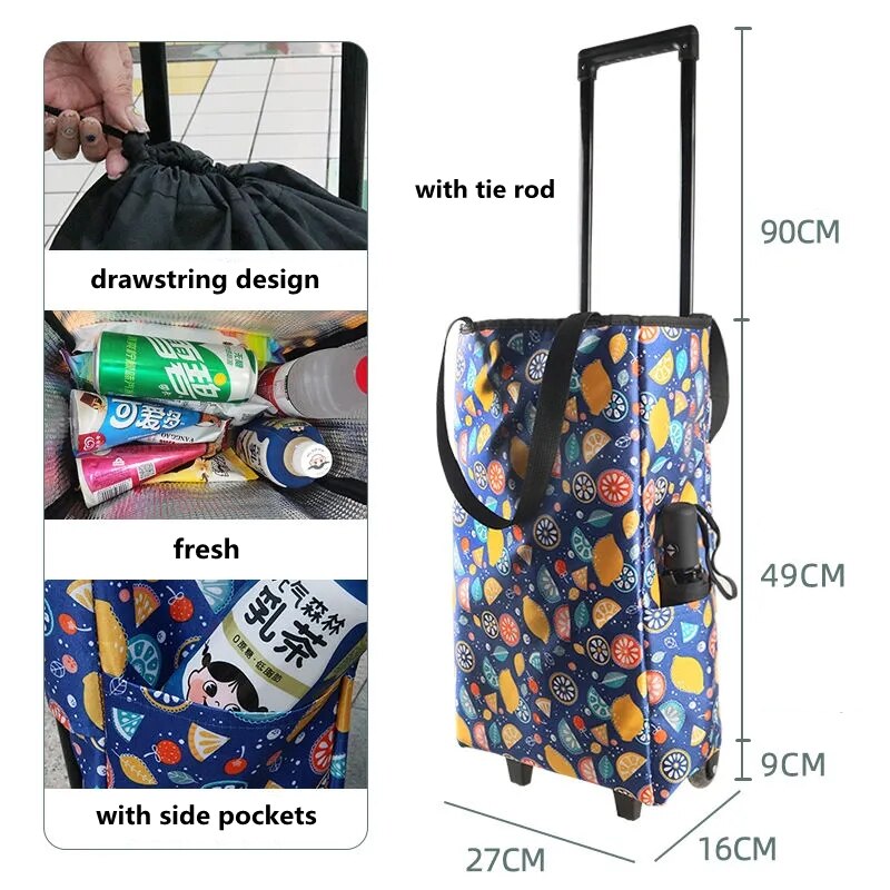 Kleine Pull Winkelwagen Carrying Boodschappentas Outdoor Camping Opvouwbare Trolley Thuis Winkelen Trailer De Markt: Drawstring Lemon