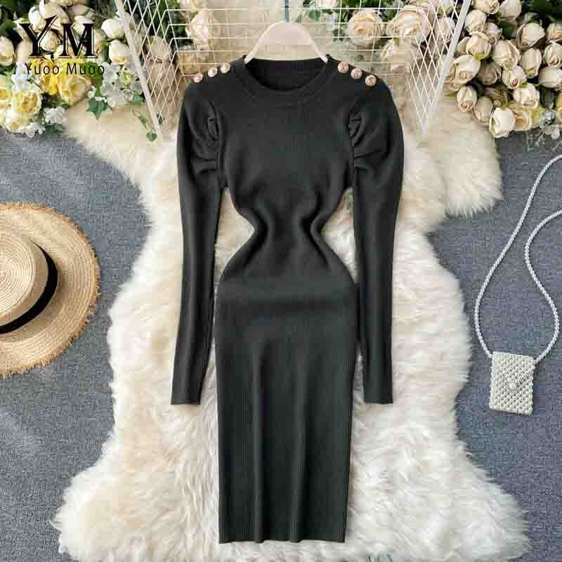 Yuoomuoo Herfst Winter Vrouwen Gebreide Jurk Europa Knoppen Lange Puff Mouwen Elegante Jurk Dames Bodycon Jurk: green