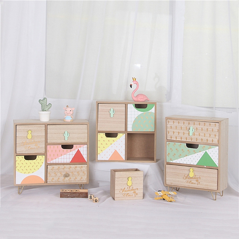 Wooden Drawer Storage Box Desktop Dividers Organizer Cute Cactus Pattern Makeup Cosmetic Container Jewelry Shelf Cabinet