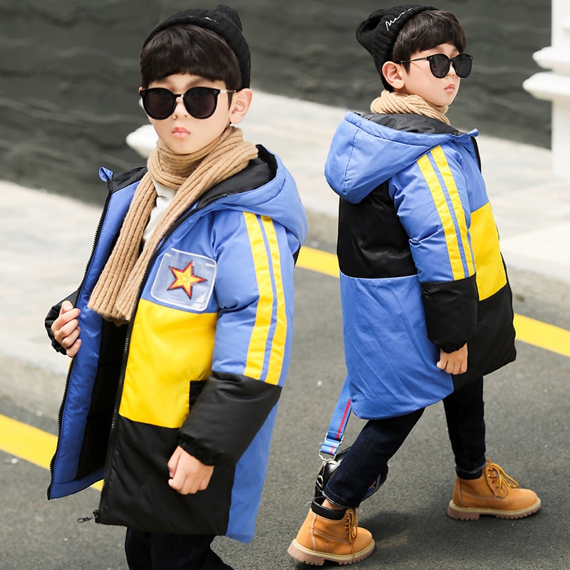 Winter Boys Jacket Cotton-Padded Clothes Warm Children Coat Patchwork Color Hooded Winter Kids Thick Snowsuits