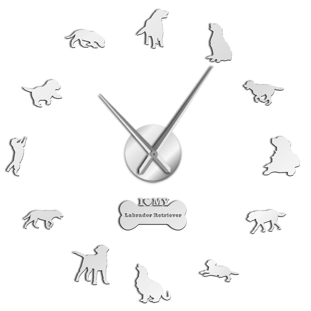 The Labrador Retriever Large Frameless Silent Wall Clock Dog Breed DIY Wall Art With Mirror Acylic Sticker Mirror Effect Sticker: Silver / 47 Inch