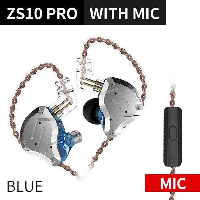 KZ ZS10 Pro Blue Noise Cancelling Earphones Metal Headset 4BA+1DD Hybrid 10 drivers HIFI Bass Earbuds In Ear Monitor Headphones: ZS10 Pro Blue Mic