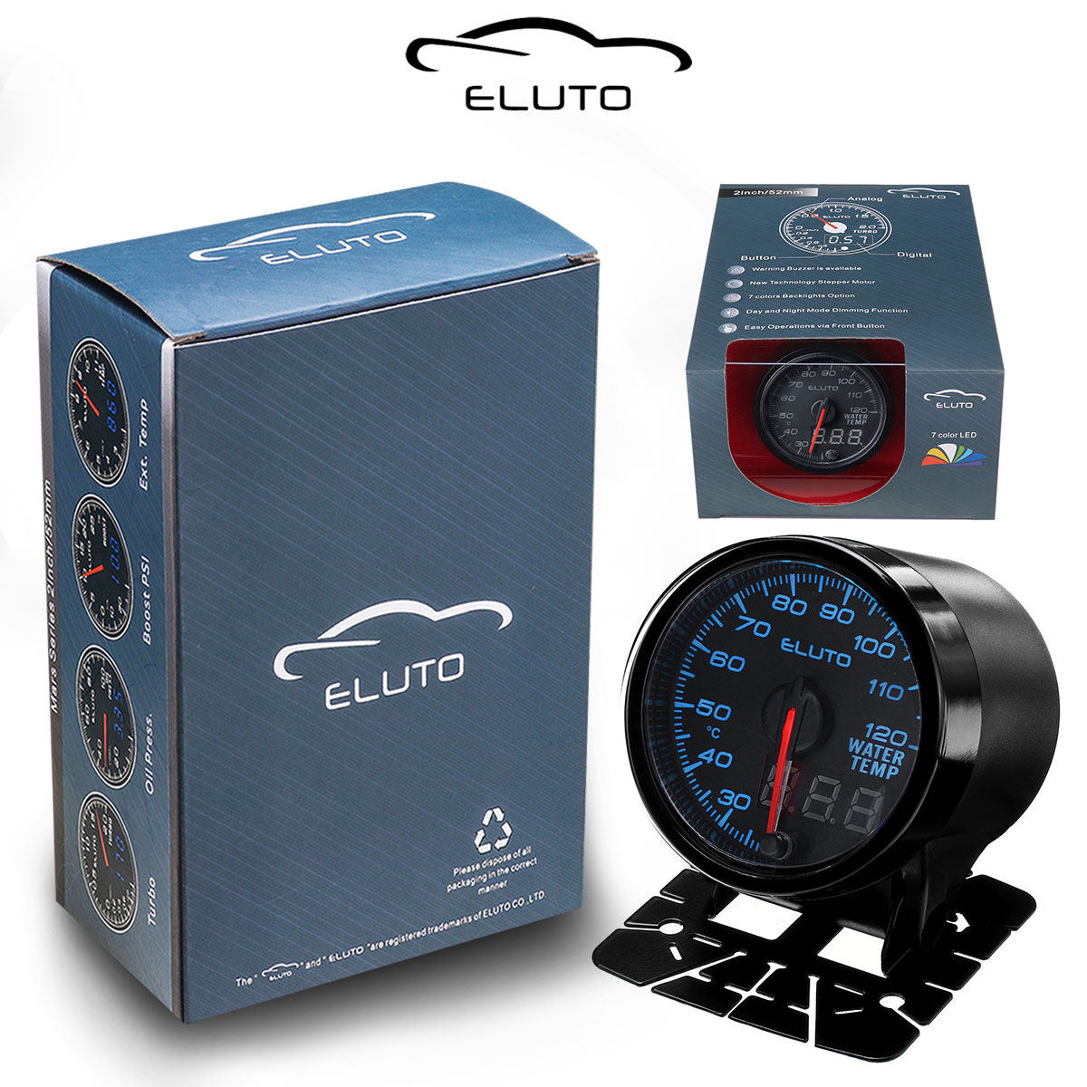 Eluto 12V Car Universal 2"52mm Water Temperature Gauge Digital & Indicator Pin Double Display 10-color LED Display Car Meter