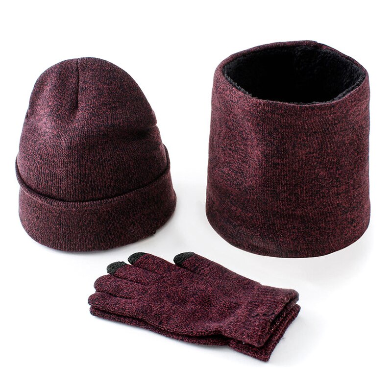 3 Stks/set Heren Gebreide Muts Handschoenen Sjaal Set Xmas Winter Warming Hoed Volledige Cover Handschoen Nyz Winkel: Wine Red