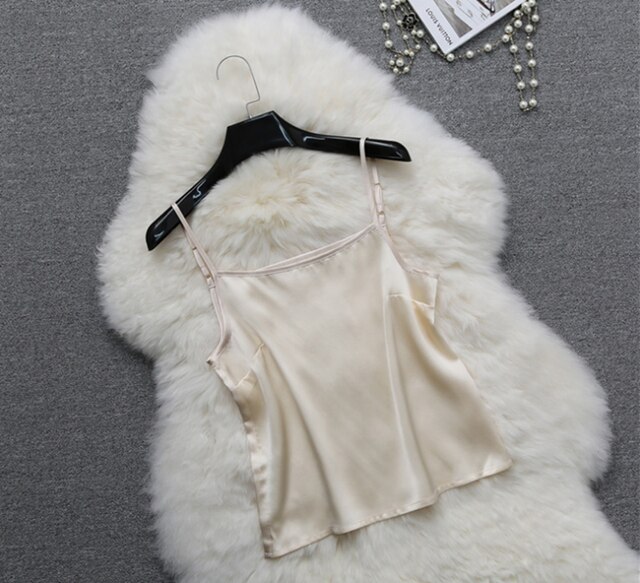 Spaghetti soie 100% debardeur femmes crop top satin pour haut femme été débardeurs ete sexy tops caraco débardeur camisole blanc noir court sans manche croptop tank vetement vêtement camisoles corsés petite bretelles d: champagne short 51cm / S