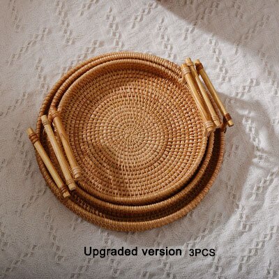 Rotan dienblad, rieten dienblad rond natuurlijk geweven decoratief dienblad, handgrepen, fruit/brood serveermand, presentatiemand voor het organiseren van het aanrecht