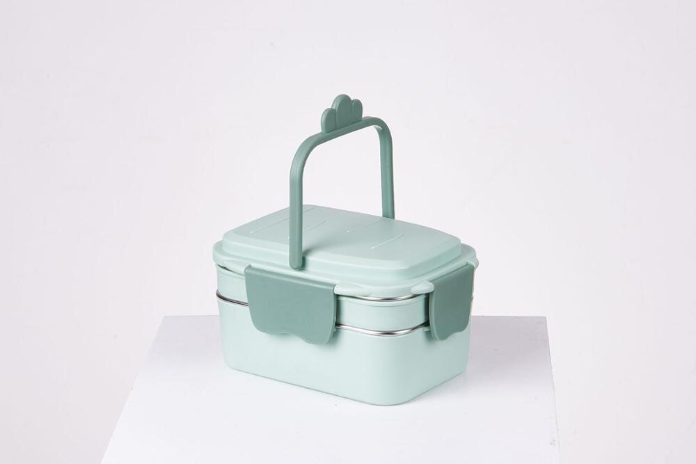 Cute lunch box children portable outdoor double-layer stainless steel lunch box insulation and leak-proof food container kitchen: green