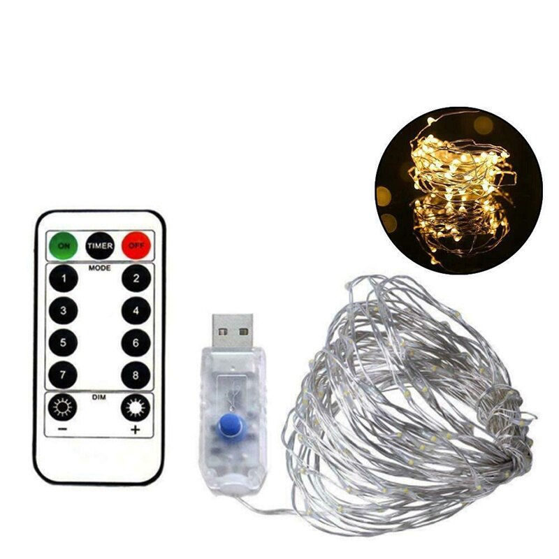 10M LED Copper Wire String Light USB Powered Remote Control 8 Modes Light String Fairy Lights Christmas Wedding Party Decoration: warm white / 10M 100LED