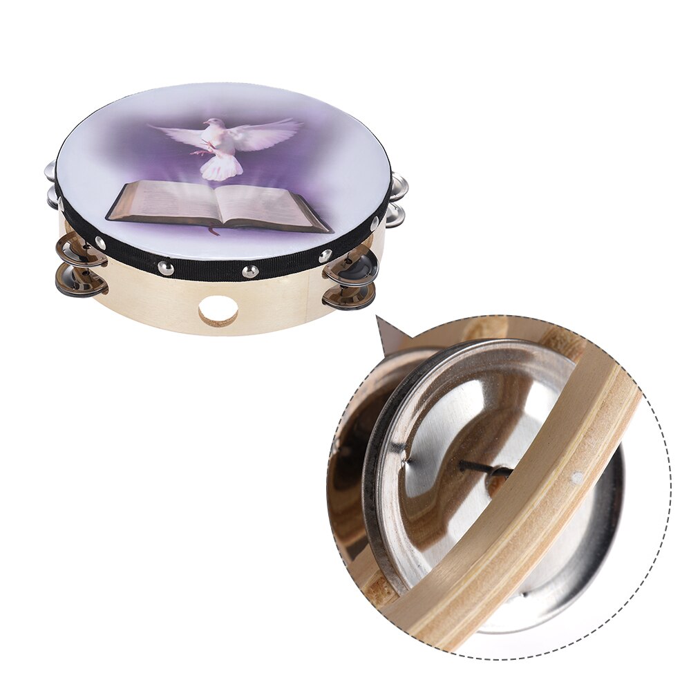 8" Hand hold Tambourine Double Row Tambourine Handbell Clap Drum Percussion Instrument with Bible Pattern for Church