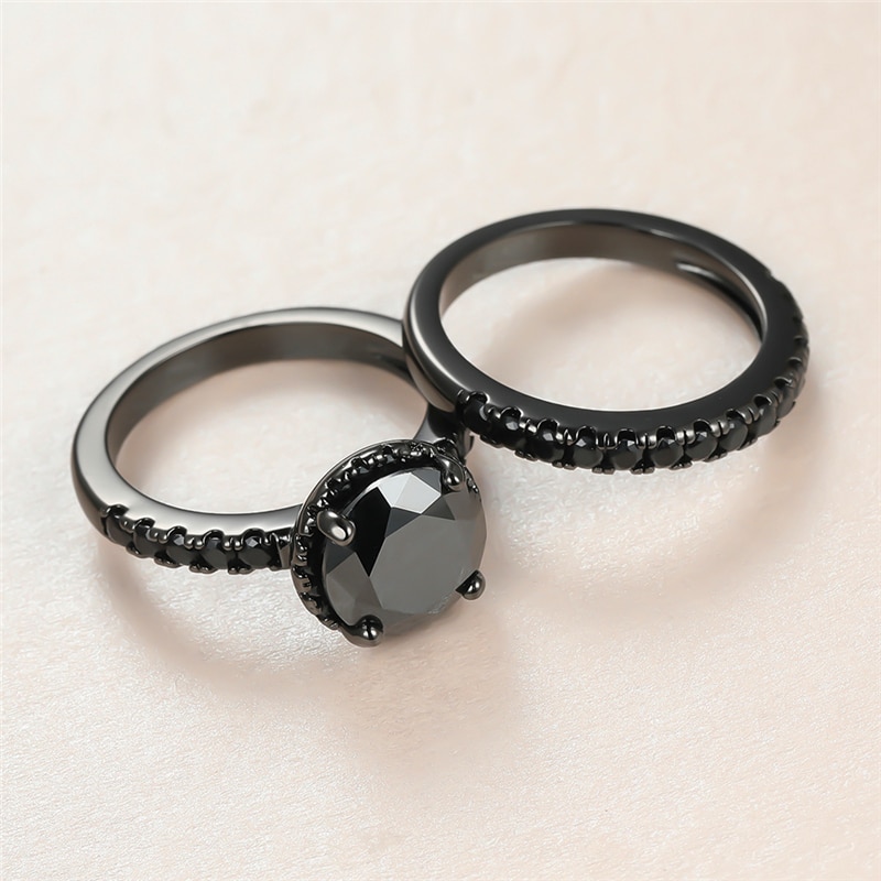 Anillo de piedra de cristal Punk para hombre y mujer, conjunto de anillos de boda de oro negro de lujo de 14KT para mujer, sortija de compromiso de circón redondo con abalorio