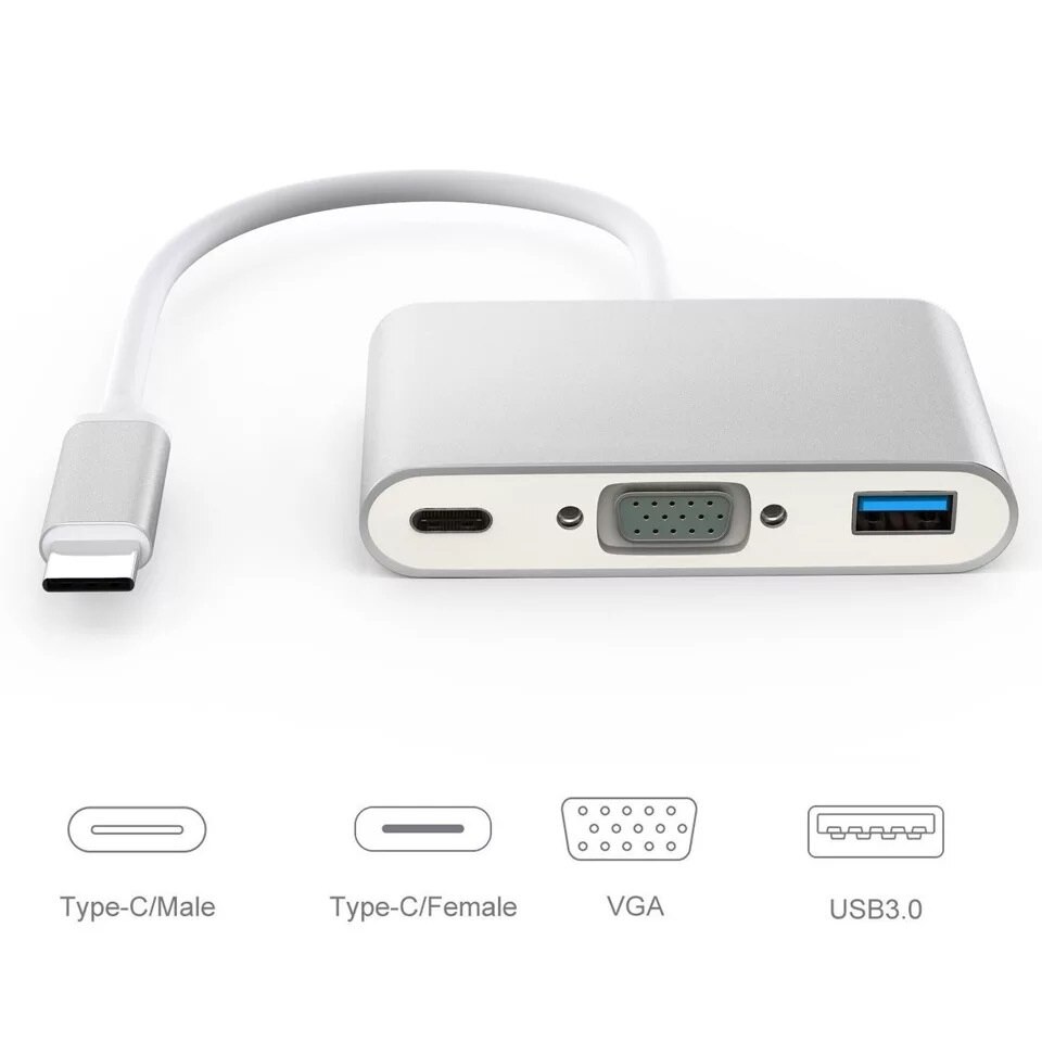 Adaptador tipo C 3 en 1, concentrador VGA para teléfono, Mac, portátil, PC, conector USB 3,0 tipo C, estación de acoplamiento de aleación de aluminio: Silver