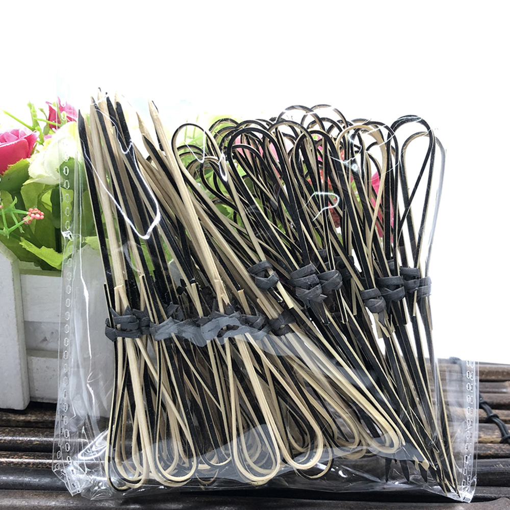50PCS Disposable Bamboo Stick with Twisted End Scissors Shape for Barbecue Snack Sandwich Fruit Food Bamboo Stick 12cm Length
