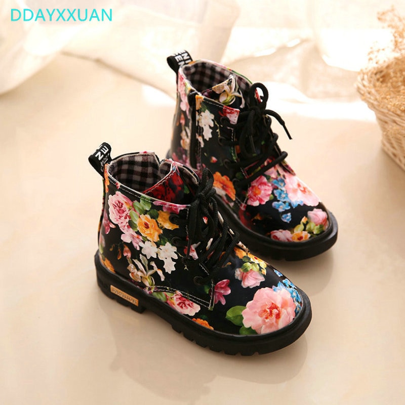 Kids Boots Leather Autumn Floral Flower Print Children Baby Martin Boots Cute Casual Girls Boots Shoes EU 21~30