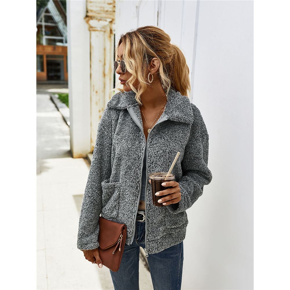 Vrouwen Winter Sherpa Trui Blend Fleece Fluffy Zipper Vest Dames Herfst Streetwear Revers Rits Jas Teddy Truien