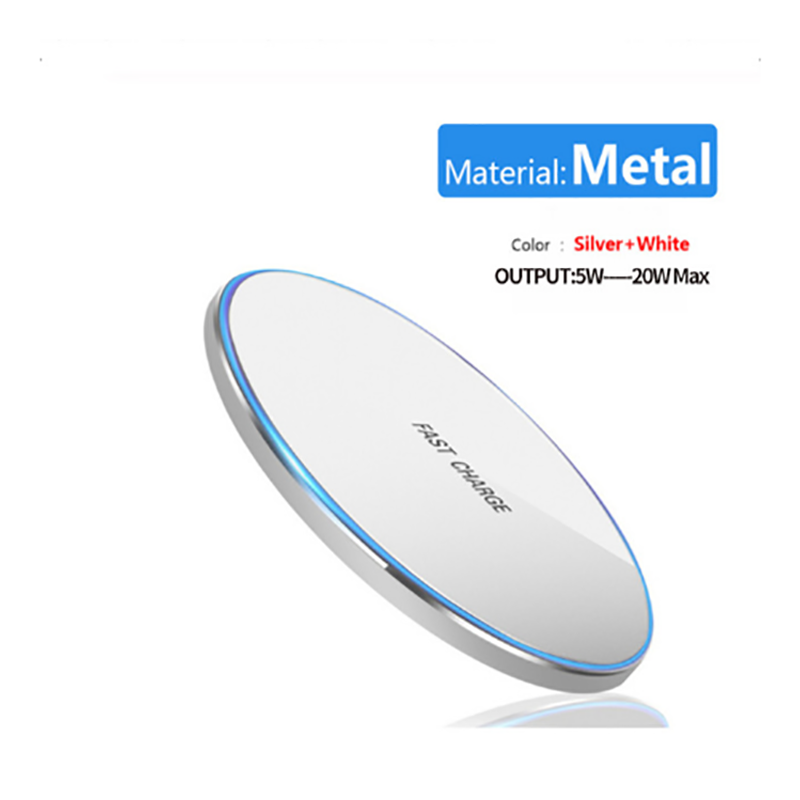 Cargador inalámbrico rápido 20W para Samsung Galaxy S10 S9/S20 S8 S7 S6 Note 9, almohadilla de carga USB Qi para iPhone 12 11 Pro XS Max XR X 8: Metal 20W Silver