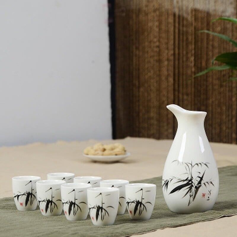 Set van 9 keramische sake potten, kannen, sterke drank, sterke drank, japanse sake wijnset, alcoholische drank, bar, drinkgerei, bekerset