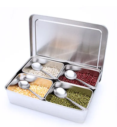 Japan Style Kitchen food Storage container Compartments Stainless Steel Seasoning box Containers with Lid Rectangle chef tools: DARK GRAY