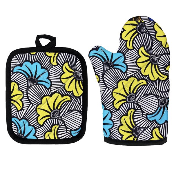 Set Van 2 Afrikaanse Etnische Tribal Bloemen Keuken Koken Magnetron Handschoenen Mitts Pot Pad Heat Proof Beschermd Thuis Bakken pads: HTAE003D19