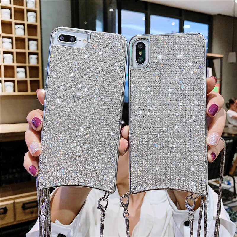 Custodia a tracolla con diamante pieno Bling a catena per iPhone 13 12 11 Pro Max XR Xs 7 Plus 8 6 6S XS SE2 borsa morbida con strass