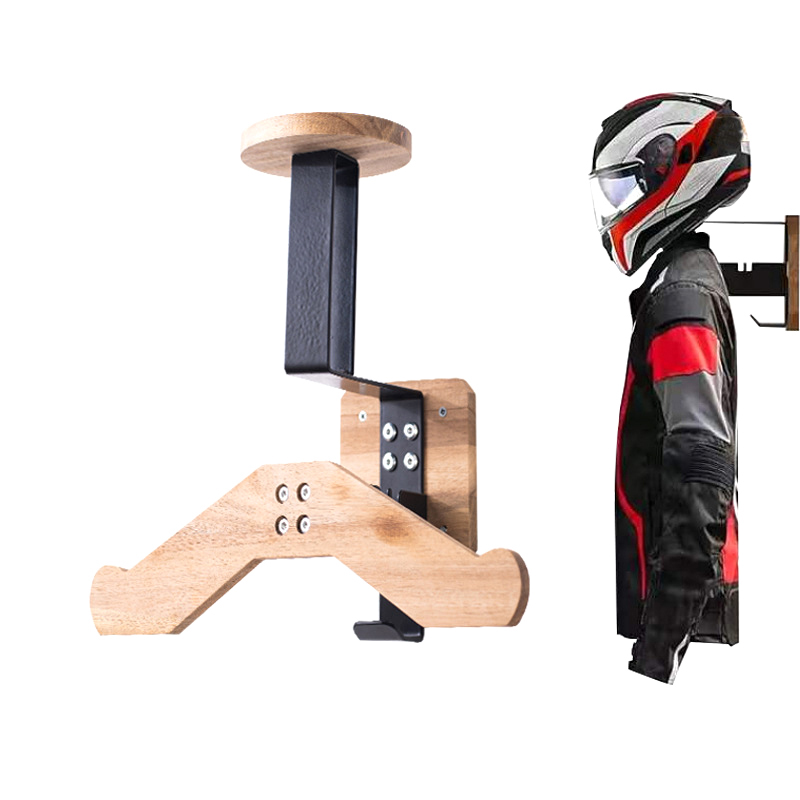 Soporte de pared para casco de motocicleta, colgador de exhibición de casco de bicicleta de madera con ganchos, todo en uno