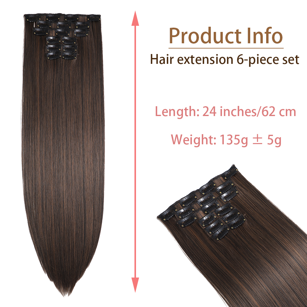 24 inch Synthetische Lange Rechte Kapsel 16 Clips 6 stks/set Hair Extensions Blond Zwart Haarstukjes Hittebestendig Voor Vrouwen