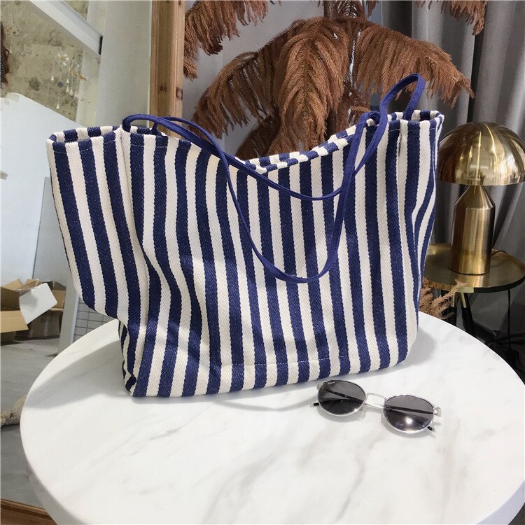 Large Korean Women Shoulder Bag Classic Vintage Stripe Single Canvas Shoulder Bag Cotton Cloth Tote Bag Street Handbags: Blue