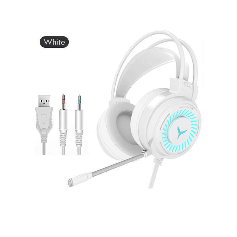 1pc Gaming Headsets Gamer Headphones Surround Sound Stereo Wired Earphones USB Microphone Colourful Light PC Laptop Game Headset: white