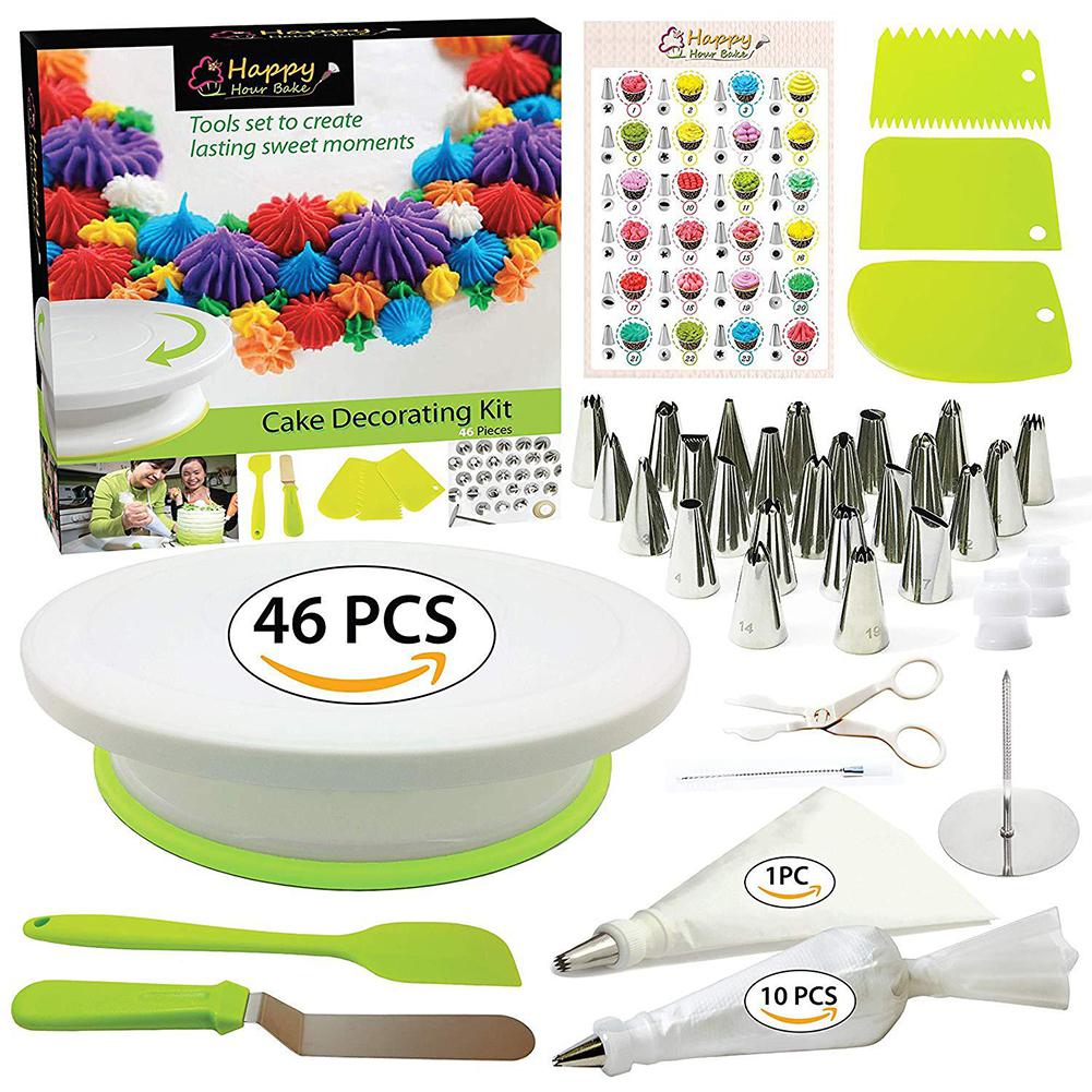 46 Pcs Cake Decorating Kits Cake Turntable Sets Plastic Baking Tool Spatula Rotating Stand Nozzles DIY Baking Decorating Cake