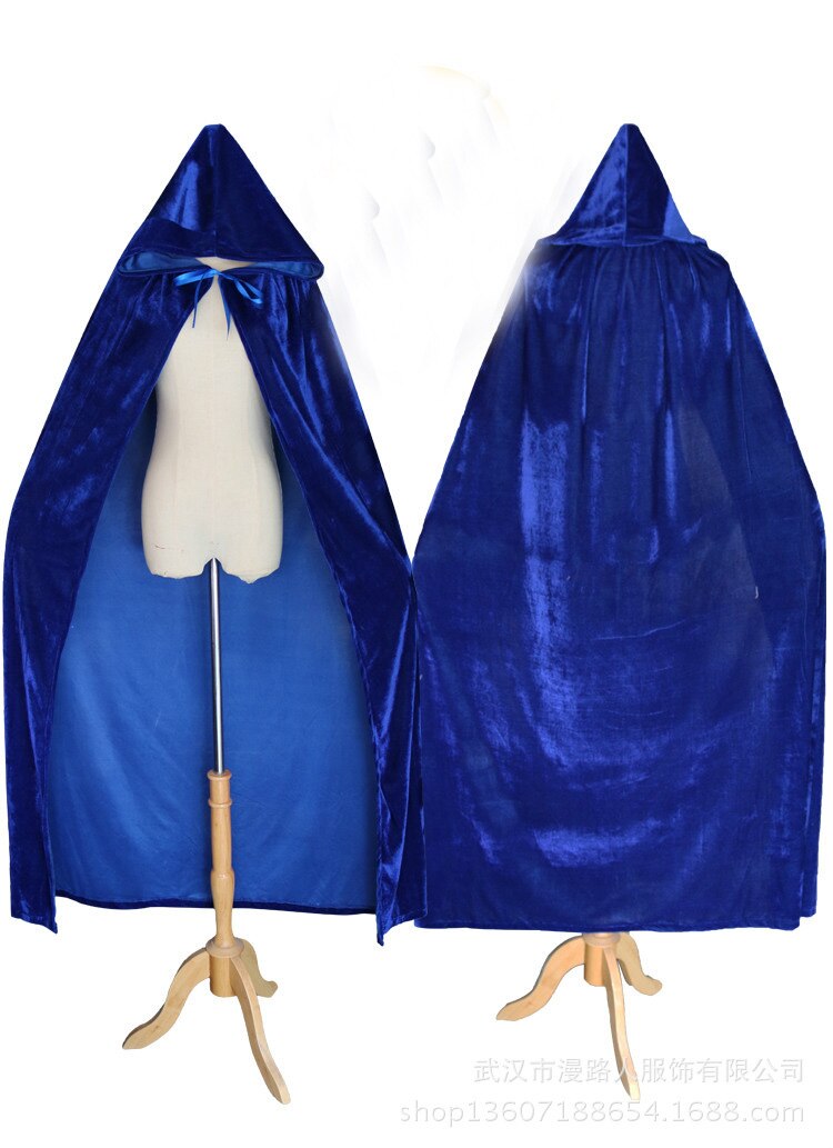 Halloween Vampire Ghost Witchcraft Velvet Cloak Cape Death Long Robe Gothic Hooded Medieval Renaissance Cloak Costume Accessory: blue / XL